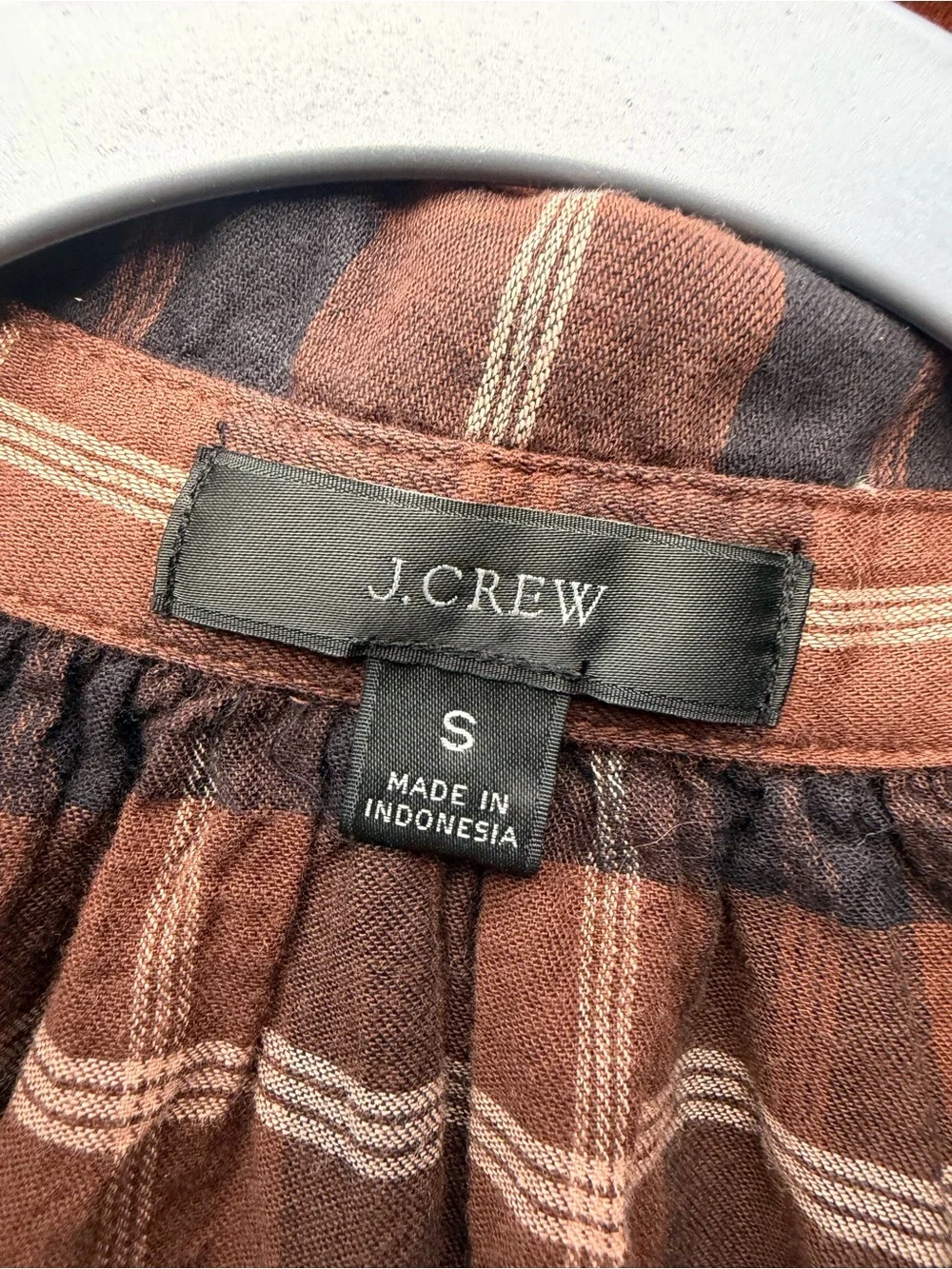 J Crew Blouse Gathered Button-up Shirt In Featherweight Plaid Brown White preppy